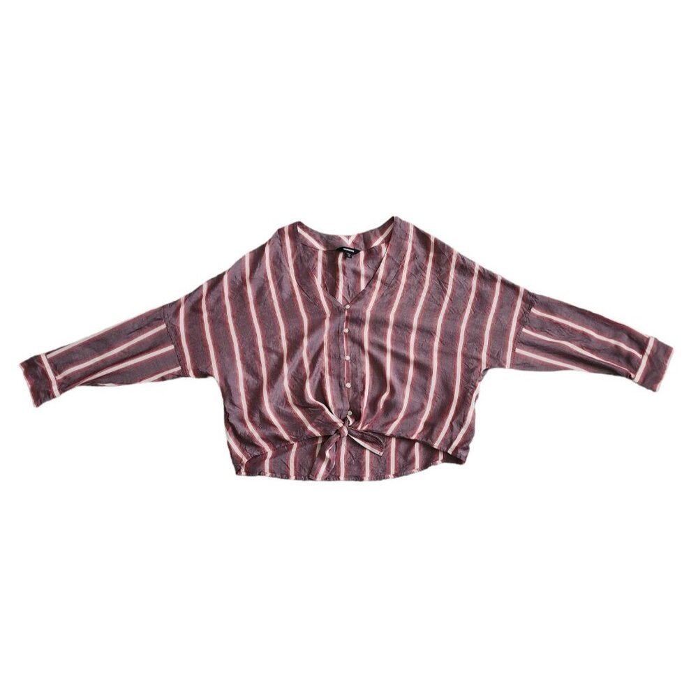 Express Women's Red/Purple Striped‎ Tie Front Dolman Long Sleeve Top Size XS/TP - Picture 4 of 12